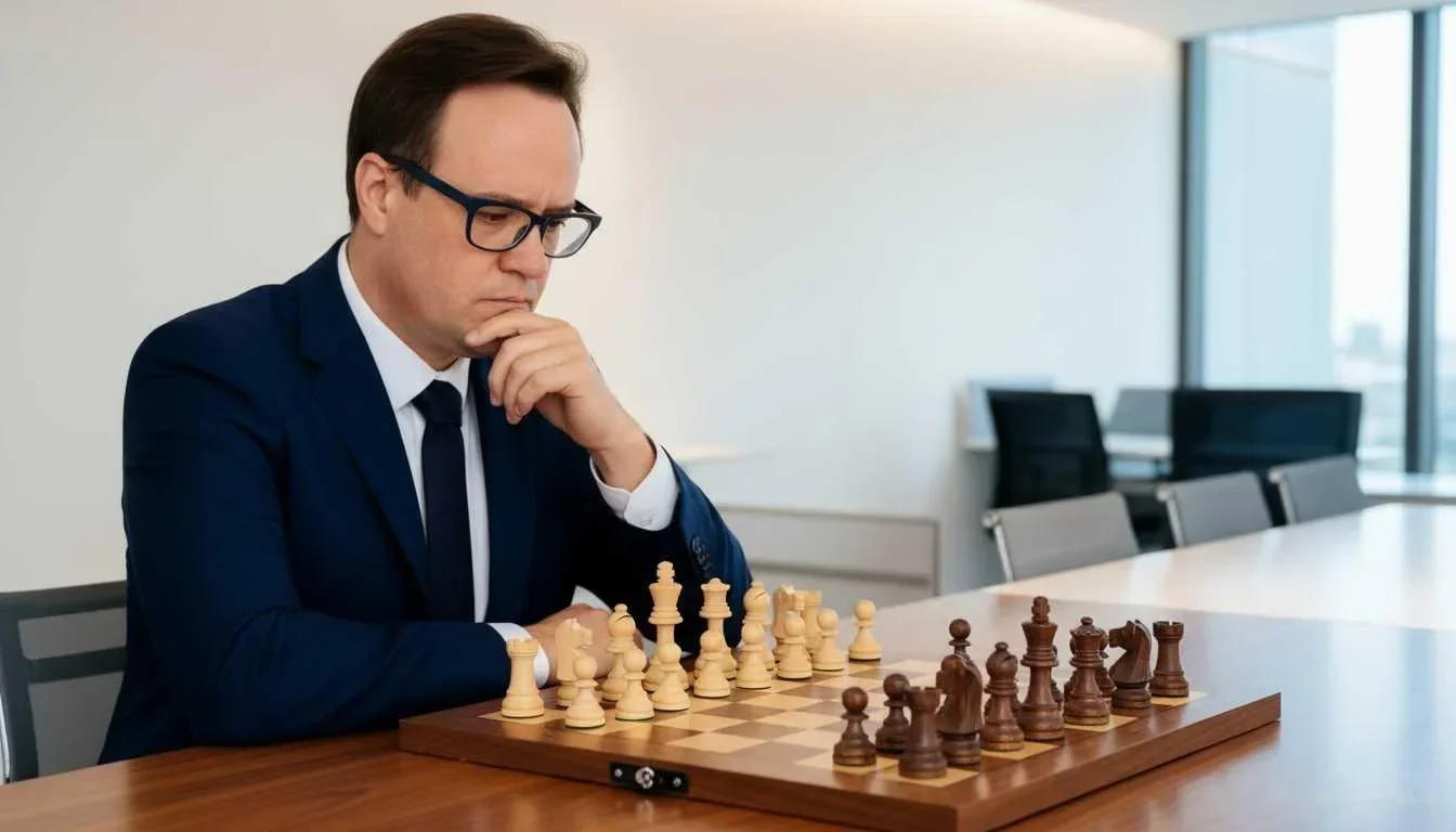 Tiago Augusto em traje executivo azul marinho em ambiente corporativo, pensando estrategicamente enquanto analisa tabuleiro de xadrez em mesa de madeira