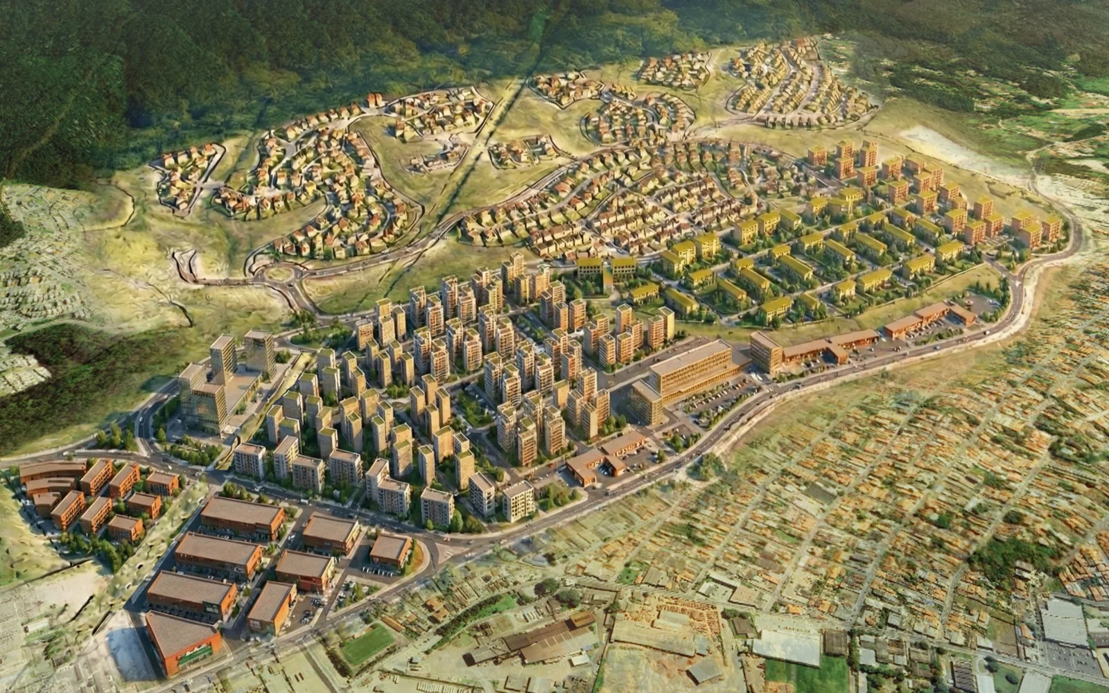 Visualização aérea de projeto urbano com edifícios e infraestrutura